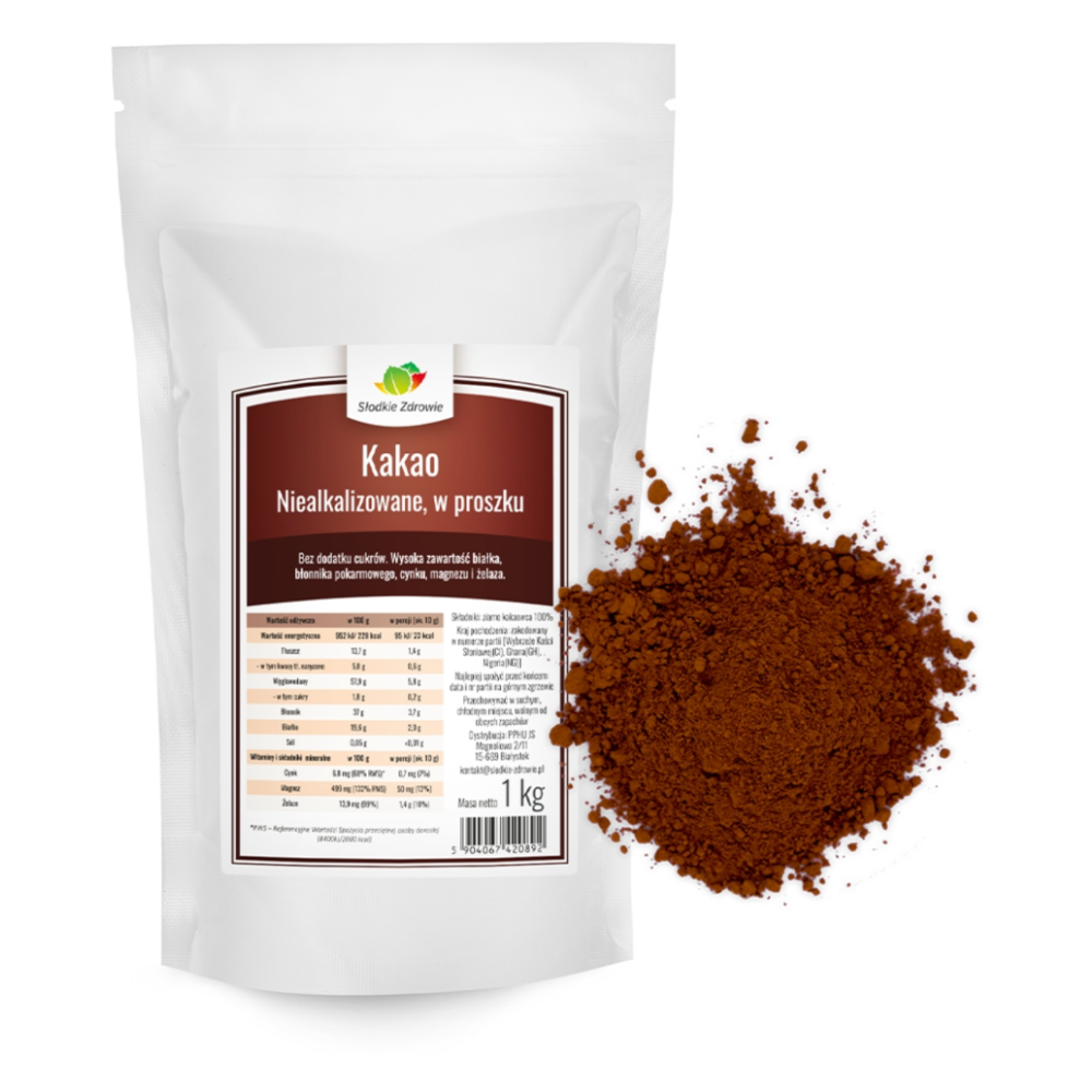 kakao niealkalizowane naturalne 1kg wysypany proszek na stole