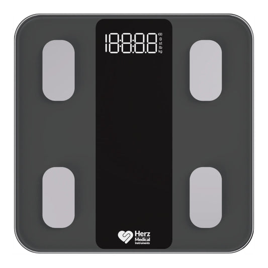 Czarna inteligentna waga elektroniczna Herz Medical do pomiaru masy ciała, BMI i tkanki tłuszczowej