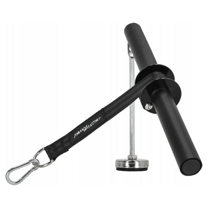 Trenażer przedramion Wrist Roller wyposażony w wytrzymały pasek oraz karabińczyk do mocowania obciążenia